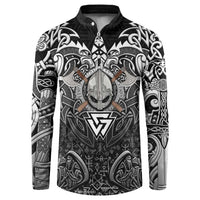 Scandinavian Viking Button Sweatshirt Norse Warrior Sigil - Helmet and Battle Axes