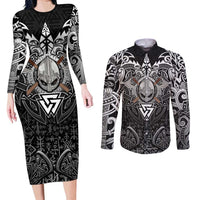 Scandinavian Viking Couples Matching Long Sleeve Bodycon Dress and Long Sleeve Button Shirt Norse Warrior Sigil - Helmet and Battle Axes