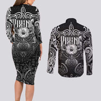 Scandinavian Viking Couples Matching Long Sleeve Bodycon Dress and Long Sleeve Button Shirt Norse Warrior Sigil - Helmet and Battle Axes