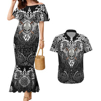 Scandinavian Viking Couples Matching Mermaid Dress and Hawaiian Shirt Norse Warrior Sigil - Helmet and Battle Axes