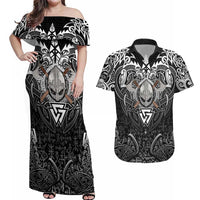Scandinavian Viking Couples Matching Off Shoulder Maxi Dress and Hawaiian Shirt Norse Warrior Sigil - Helmet and Battle Axes