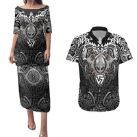 Scandinavian Viking Couples Matching Puletasi and Hawaiian Shirt Norse Warrior Sigil - Helmet and Battle Axes
