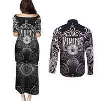 Scandinavian Viking Couples Matching Puletasi and Long Sleeve Button Shirt Norse Warrior Sigil - Helmet and Battle Axes