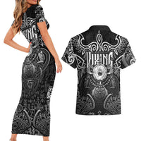 Scandinavian Viking Couples Matching Short Sleeve Bodycon Dress and Hawaiian Shirt Norse Warrior Sigil - Helmet and Battle Axes