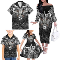 Scandinavian Viking Family Matching Off The Shoulder Long Sleeve Dress and Hawaiian Shirt Norse Warrior Sigil - Helmet and Battle Axes