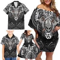 Scandinavian Viking Family Matching Off Shoulder Short Dress and Hawaiian Shirt Norse Warrior Sigil - Helmet and Battle Axes