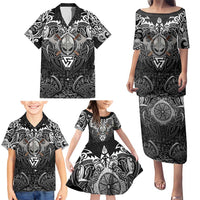 Scandinavian Viking Family Matching Puletasi and Hawaiian Shirt Norse Warrior Sigil - Helmet and Battle Axes