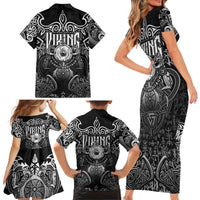 Scandinavian Viking Family Matching Short Sleeve Bodycon Dress and Hawaiian Shirt Norse Warrior Sigil - Helmet and Battle Axes