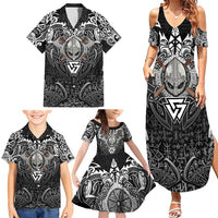 Scandinavian Viking Family Matching Summer Maxi Dress and Hawaiian Shirt Norse Warrior Sigil - Helmet and Battle Axes