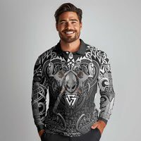Scandinavian Viking Long Sleeve Polo Shirt Norse Warrior Sigil - Helmet and Battle Axes