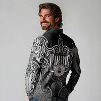 Scandinavian Viking Long Sleeve Polo Shirt Norse Warrior Sigil - Helmet and Battle Axes