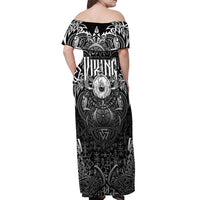Scandinavian Viking Off Shoulder Maxi Dress Norse Warrior Sigil - Helmet and Battle Axes