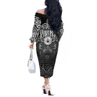 Scandinavian Viking Off The Shoulder Long Sleeve Dress Norse Warrior Sigil - Helmet and Battle Axes