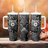 Scandinavian Viking Tumbler With Handle Norse Warrior Sigil - Helmet and Battle Axes