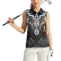 Scandinavian Viking Women Sleeveless Polo Shirt Norse Warrior Sigil - Helmet and Battle Axes