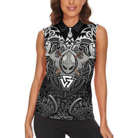 Scandinavian Viking Women Sleeveless Polo Shirt Norse Warrior Sigil - Helmet and Battle Axes