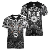 Scandinavian Viking Women V-Neck T-Shirt Norse Warrior Sigil - Helmet and Battle Axes