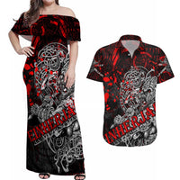 Einherjar Valhalla Couples Matching Off Shoulder Maxi Dress and Hawaiian Shirt Viking Warrior Rage Style
