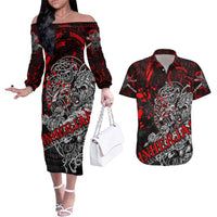 Einherjar Valhalla Couples Matching Off The Shoulder Long Sleeve Dress and Hawaiian Shirt Viking Warrior Rage Style