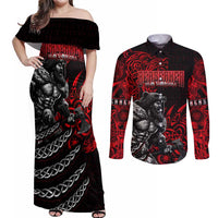 Berserker Bear Warrior Viking Couples Matching Off Shoulder Maxi Dress and Long Sleeve Button Shirt Tribal Strength and Runic Blood