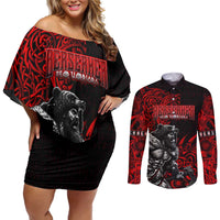 Berserker Bear Warrior Viking Couples Matching Off Shoulder Short Dress and Long Sleeve Button Shirt Tribal Strength and Runic Blood