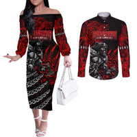Berserker Bear Warrior Viking Couples Matching Off The Shoulder Long Sleeve Dress and Long Sleeve Button Shirt Tribal Strength and Runic Blood