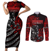 Berserker Bear Warrior Viking Couples Matching Short Sleeve Bodycon Dress and Long Sleeve Button Shirt Tribal Strength and Runic Blood