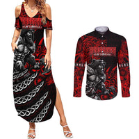 Berserker Bear Warrior Viking Couples Matching Summer Maxi Dress and Long Sleeve Button Shirt Tribal Strength and Runic Blood