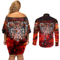 Ulfhednar Wofl Warrior Viking Couples Matching Off Shoulder Short Dress and Long Sleeve Button Shirt Runes Norse Mythology Fire