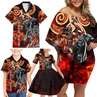 Ulfhednar Wofl Warrior Viking Family Matching Off Shoulder Short Dress and Hawaiian Shirt Runes Norse Mythology Fire