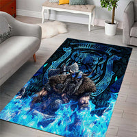 Jofurr Boar Warrior Viking Area Rug Frost Viking Runes Blue Flame