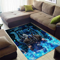 Jofurr Boar Warrior Viking Area Rug Frost Viking Runes Blue Flame