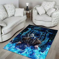 Jofurr Boar Warrior Viking Area Rug Frost Viking Runes Blue Flame