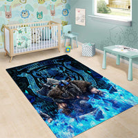 Jofurr Boar Warrior Viking Area Rug Frost Viking Runes Blue Flame