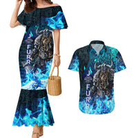 Jofurr Boar Warrior Viking Couples Matching Mermaid Dress and Hawaiian Shirt Frost Viking Runes Blue Flame