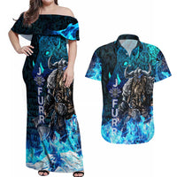 Jofurr Boar Warrior Viking Couples Matching Off Shoulder Maxi Dress and Hawaiian Shirt Frost Viking Runes Blue Flame