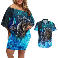 Jofurr Boar Warrior Viking Couples Matching Off Shoulder Short Dress and Hawaiian Shirt Frost Viking Runes Blue Flame
