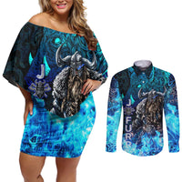 Jofurr Boar Warrior Viking Couples Matching Off Shoulder Short Dress and Long Sleeve Button Shirt Frost Viking Runes Blue Flame