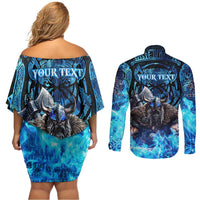 Jofurr Boar Warrior Viking Couples Matching Off Shoulder Short Dress and Long Sleeve Button Shirt Frost Viking Runes Blue Flame