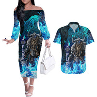 Jofurr Boar Warrior Viking Couples Matching Off The Shoulder Long Sleeve Dress and Hawaiian Shirt Frost Viking Runes Blue Flame