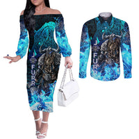 Jofurr Boar Warrior Viking Couples Matching Off The Shoulder Long Sleeve Dress and Long Sleeve Button Shirt Frost Viking Runes Blue Flame