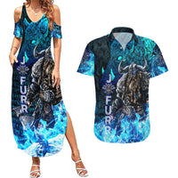 Jofurr Boar Warrior Viking Couples Matching Summer Maxi Dress and Hawaiian Shirt Frost Viking Runes Blue Flame