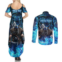 Jofurr Boar Warrior Viking Couples Matching Summer Maxi Dress and Long Sleeve Button Shirt Frost Viking Runes Blue Flame