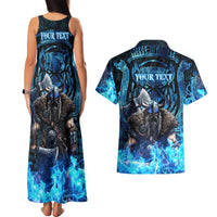 Jofurr Boar Warrior Viking Couples Matching Tank Maxi Dress and Hawaiian Shirt Frost Viking Runes Blue Flame
