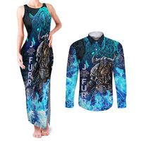 Jofurr Boar Warrior Viking Couples Matching Tank Maxi Dress and Long Sleeve Button Shirt Frost Viking Runes Blue Flame