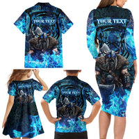 Jofurr Boar Warrior Viking Family Matching Long Sleeve Bodycon Dress and Hawaiian Shirt Frost Viking Runes Blue Flame