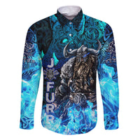 Jofurr Boar Warrior Viking Family Matching Off The Shoulder Long Sleeve Dress and Hawaiian Shirt Frost Viking Runes Blue Flame