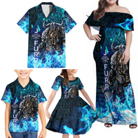 Jofurr Boar Warrior Viking Family Matching Off Shoulder Maxi Dress and Hawaiian Shirt Frost Viking Runes Blue Flame