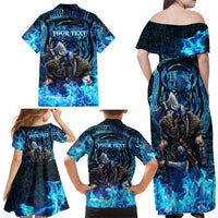 Jofurr Boar Warrior Viking Family Matching Off Shoulder Maxi Dress and Hawaiian Shirt Frost Viking Runes Blue Flame