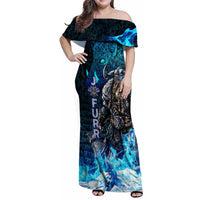 Jofurr Boar Warrior Viking Family Matching Off Shoulder Maxi Dress and Hawaiian Shirt Frost Viking Runes Blue Flame